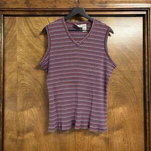 VTG 3X Basic Editions 90s Striped V Neck Tank Top Y2K Stretch Plus Grunge Womens